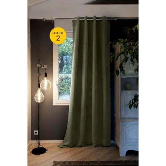 Lot de 2 Rideaux luxe occultant + isolant phonique polaire L140 x H260 cm Inuit Vert kaki