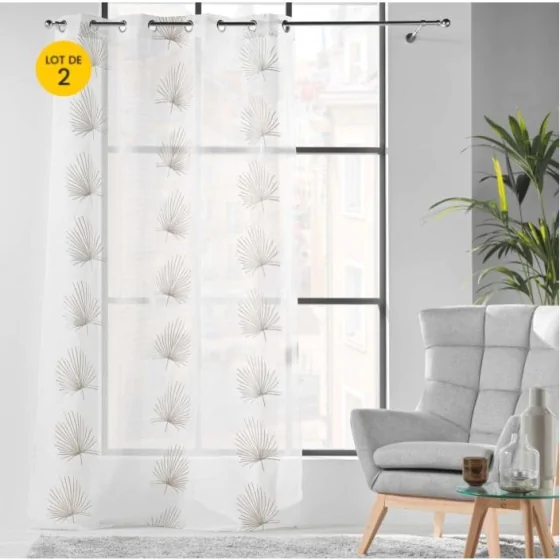 Lot de 2 Voilages a oeillets 140 x 240 cm voile sablé brodé Palmaris Beige