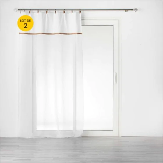 Lot de 2 Voilages à anneau 140 x 240 cm en polycoton sablé + jute Leana Blanc