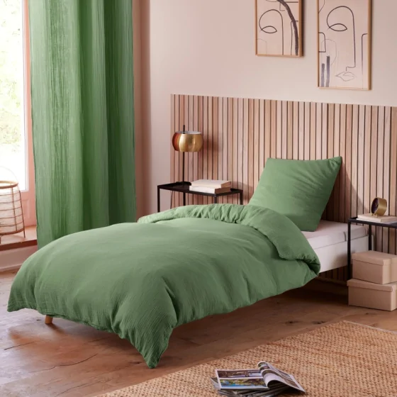 Housse de Couette 140 x 200 cm + 1 Taie "Avy" en Gaze de Coton Olive