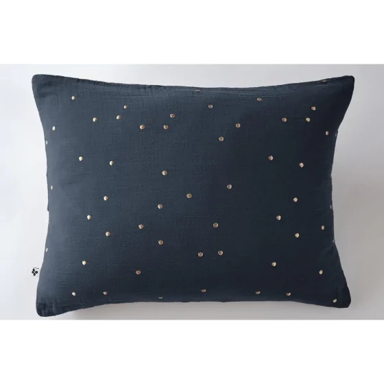Taie d'oreiller gaze de coton brodée fil or 50 x 70 cm Gaia Chic Bleu marine
