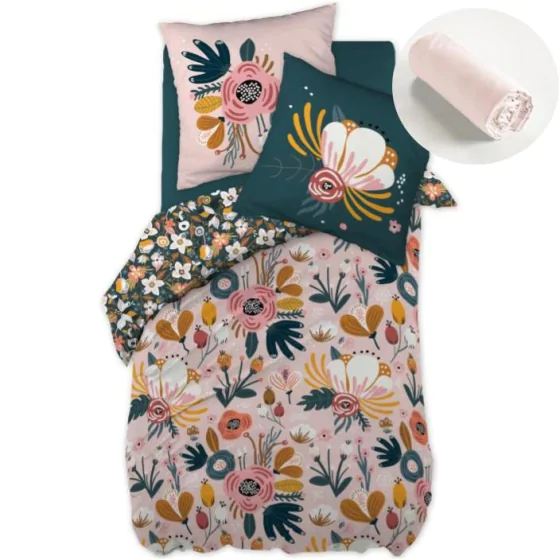 Pack housse de couette 200x200 cm Champêtre + drap housse 140X190 Rose