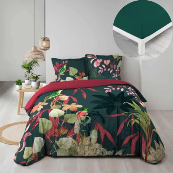 Pack parure couette 260 x 240 cm 100% coton Fauvette + drap housse 160 x 200 cm Pétrole