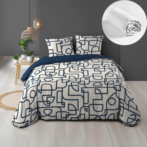 Pack parure de couette 220 x 240 cm Labyrinthe + drap housse (140) Blanc