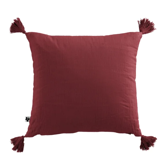 Coussin déhoussable avec pompons gaze de coton 40 x 40 cm gaia lie de vin Bordeaux