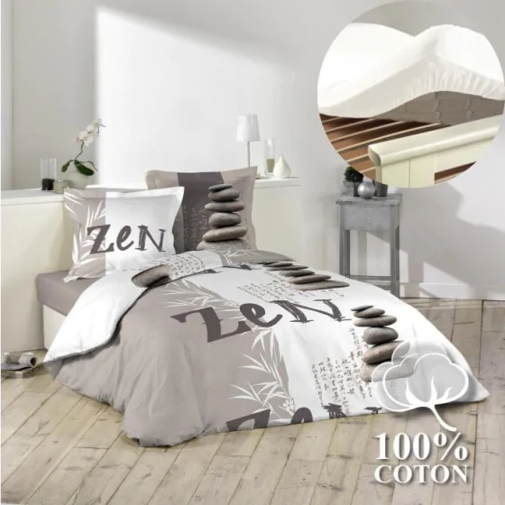 Pack housse de couette 220x240 cm Galets + drap housse 140x190 Blanc