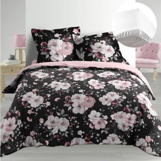Pack Housse de couette 220x240 cm Percale luxe Flower blanc + drap housse 140x190 Blanc