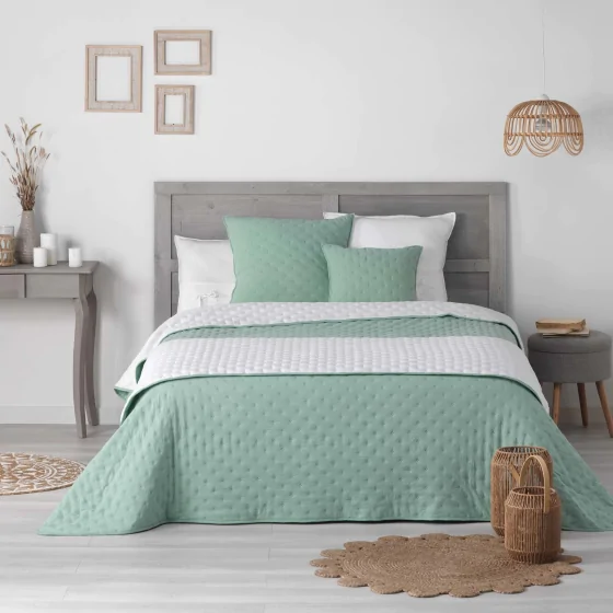 Couvre lit 2 pers 240x260 cm microfibre bicolore mellow chic Menthe/blanc