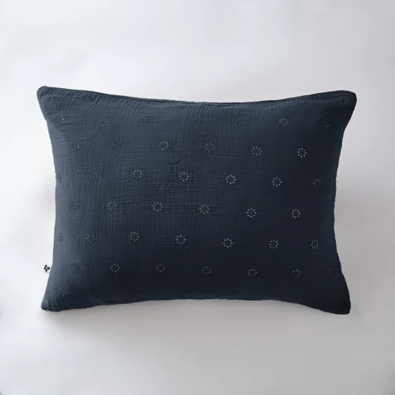 Taie d'oreiller brodée en gaze de coton 50 x 70 cm Gaïa Boho Bleu marine