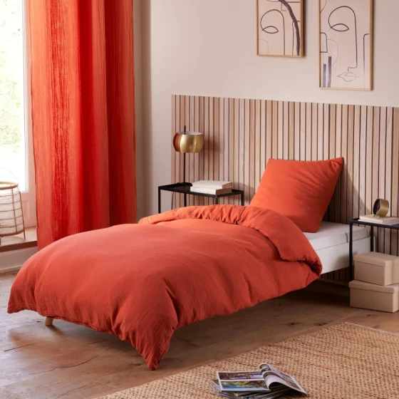 Housse de Couette 140 x 200 cm + 1 Taie "Avy" en Gaze de Coton Orange