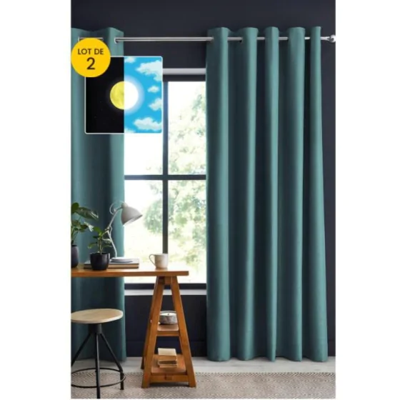 Lot de 2 Rideaux 100% occultant luxe 140 x 260 cm Obscure Bleu canard