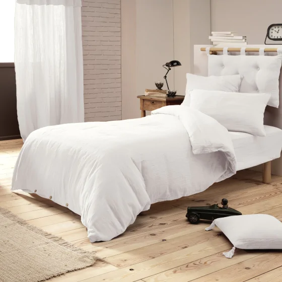 Pack Parure de couette 140x200 cm + Drap housse 90x190 + 1 taie Gaze de coton Bio Blanc