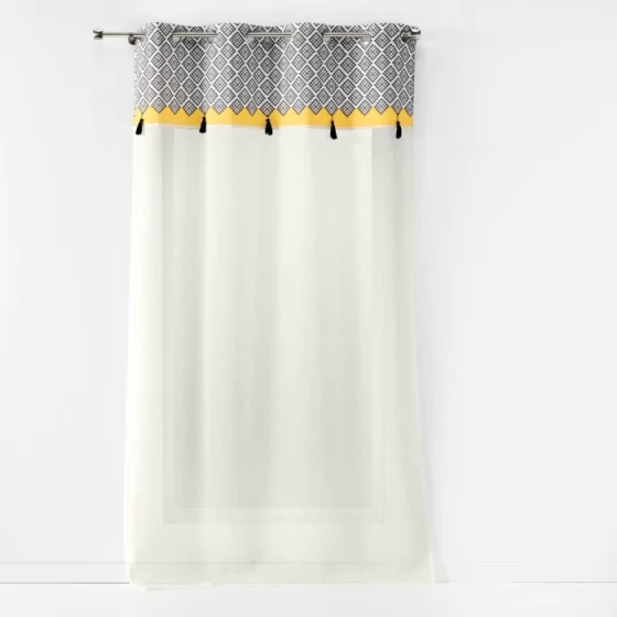 panneau a oeillets 140 x 240 cm voile sable+top imprime+pompon neo casa