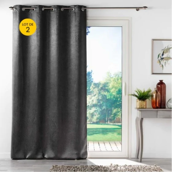 Lot de 2 rideaux 100% occultant 135 x 240 cm velours frappé Anthéa Anthracite