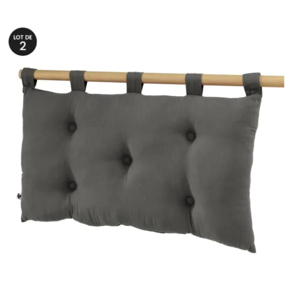 Lot de 2 Têtes de lit 5 boutons avec passants – 50 x 80 cm – Gaze de coton Gaïa Anthracite