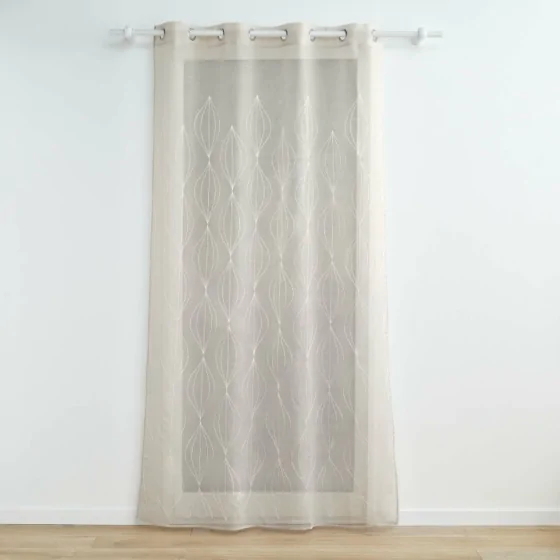 Voilage grande hauteur a oeillets 140 x 280 cm voile sablé brodé Galactee Taupe