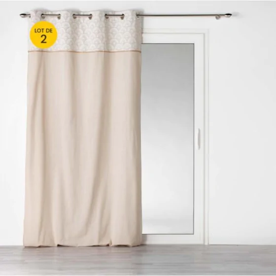 Lot de 2  Rideaux à oeillets 140 x 240 cm polycoton + jute imprimée Bahina Ecru-blanc