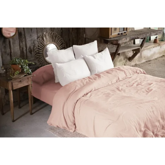 Housse de couette double gaze de coton 240x220 cm 4 taies Rose/Blanc