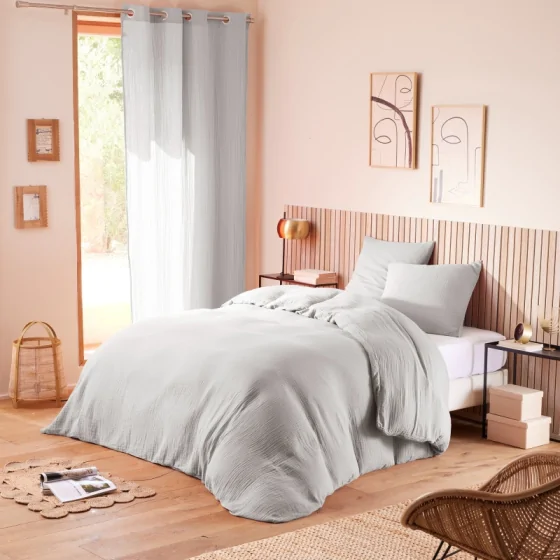 Pack Housse de couette 240 x 220 cm Gaze de coton + drap housse 140x190 Perle
