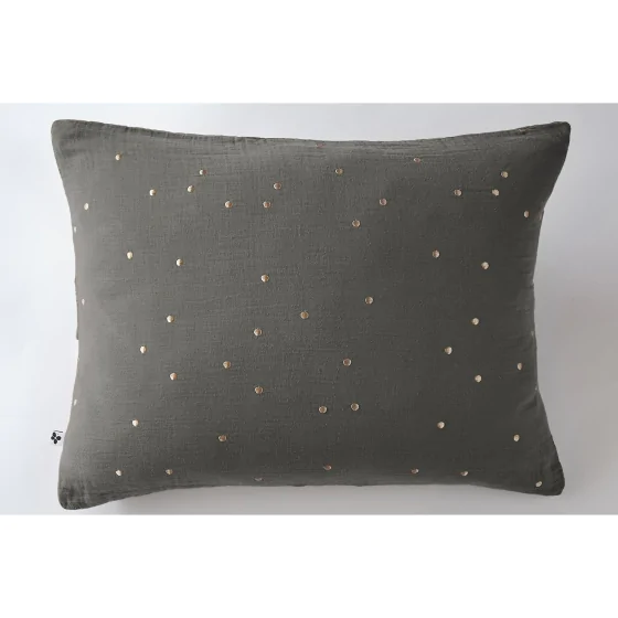 Taie d'oreiller gaze de coton brodée fil or 50 x 70 cm Gaia Chic Anthracite