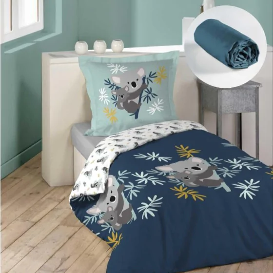 Pack parure de couette enfant 140x200 cm Koala + drap housse 90x190 Bleu