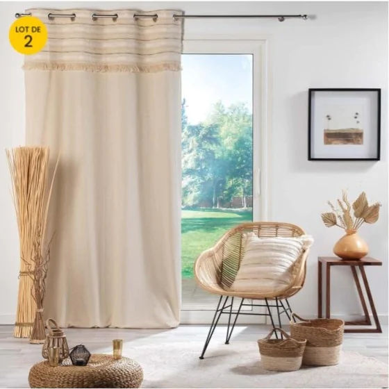 Lot de 2 Rideaux  tamisant en coton 140 x 240 cm Atlas naturel