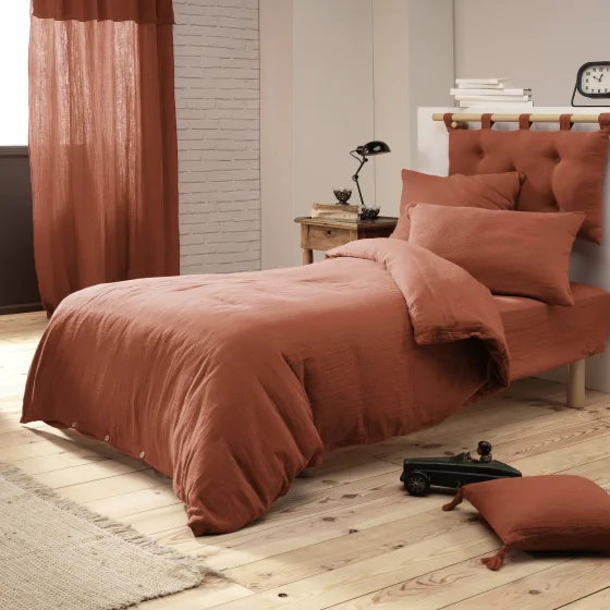 Pack Parure de couette 140x200 cm + Drap housse 90x190 + 1 taie Gaze de coton Bio Terracotta