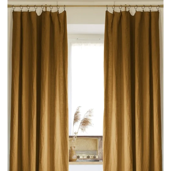 Lot de 2 rideaux ajustables en lin lavé avec 8 anneaux pince 140 x 270 cm Camel