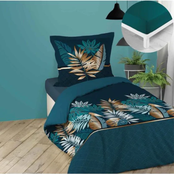 Pack parure de couette enfant 140x200 cm Alianor + drap housse 90x190 Pétrole
