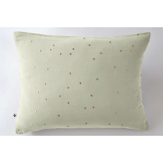 Taie d'oreiller gaze de coton brodée fil or 50 x 70 cm Gaia Chic Vert d'eau