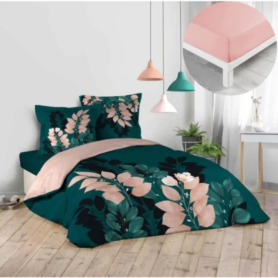 Pack parure de couette 240 x 220 cm Belline + drap housse 140 x 190 x 30 Rose