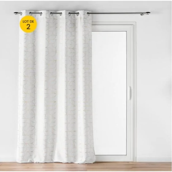 Lot de 2 rideaux a oeillets 140 x 260 cm polyester imprime metallisé Louxor Blanc