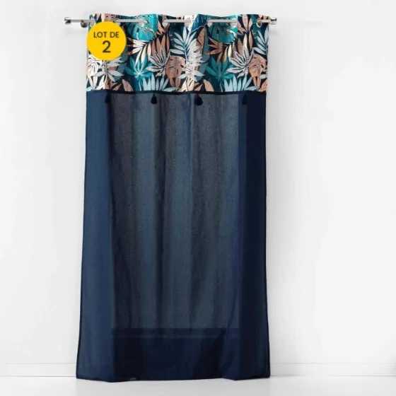 Lot de 2 rideaux a oeillets 140 x 240 cm en coton + haut metallisé Alianor Bleu