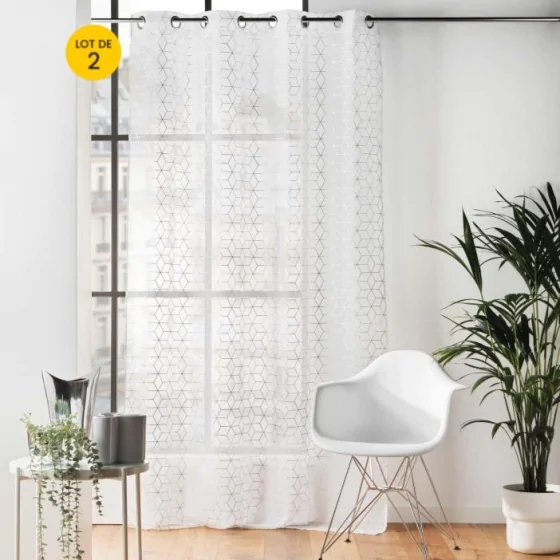 Lot de 2 Voilages a oeillets 140 x 240 cm sablés  imprimés metallisé Milona Argent
