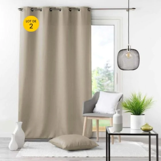 Lot de 2 rideaux grande hauteur à œillets 140 x 280 cm polyester Essentiel Beige