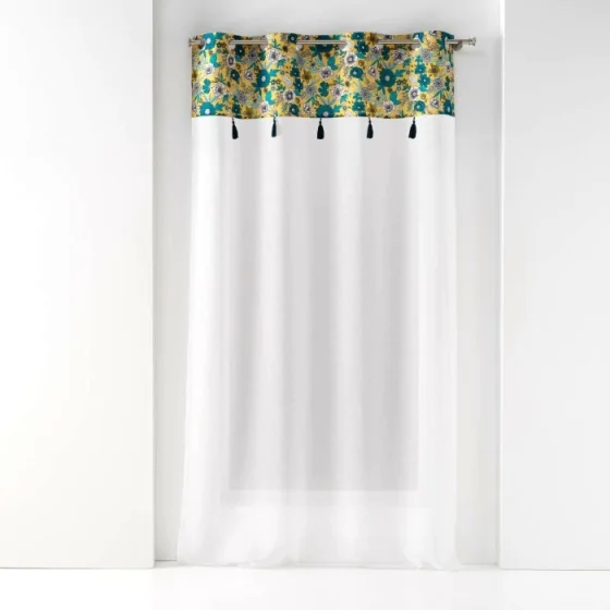 Panneau a oeillets 140 x 240 cm voile sable+top imprime+pompon bohoflora Jaune