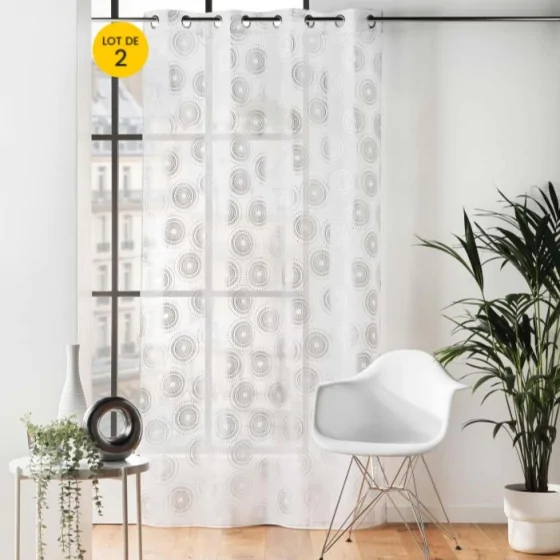 Lot de 2 Voilages a oeillets 140 x 240 cm sablés  imprimés metallisé Milo Argent