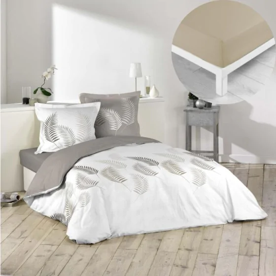 Pack housse de couette 220x240 cm Goyave + drap housse 140x190x30 Beige