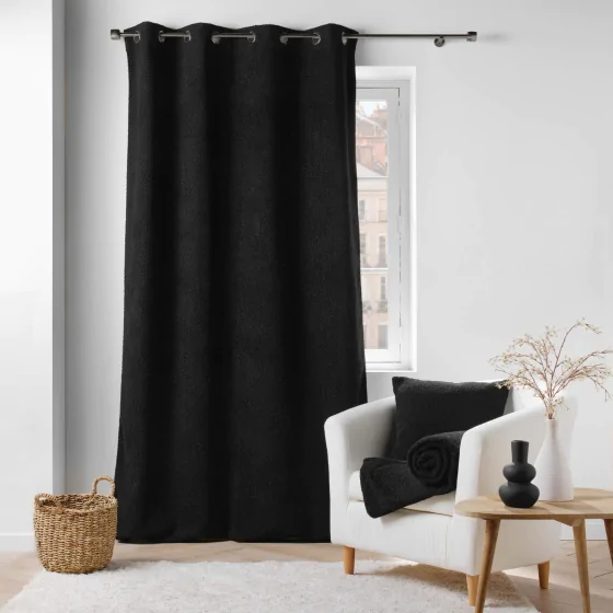 Rideau tamisant à œillets bouclette unie Wooly Noir 140 x 240 cm