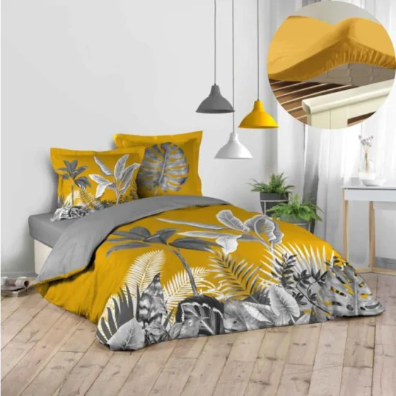 Pack parure de couette 240 x 220 cm Isibelle + drap housse 140 x 190 x 30 Jaune
