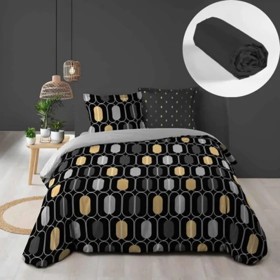 Pack housse de couette 220x240 cm Calidor + drap housse 140x190x30 Noir
