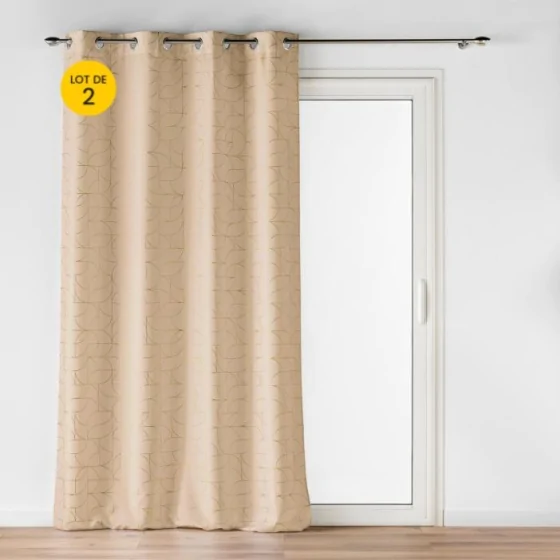 Lot de 2 rideaux a oeillets 140 x 260 cm polyester imprime metallisé Louxor Beige
