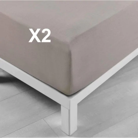 Lot de 2 Draps housse 140 x 190 cm coton lavé Bonnet 30 cm Stonalia Taupe