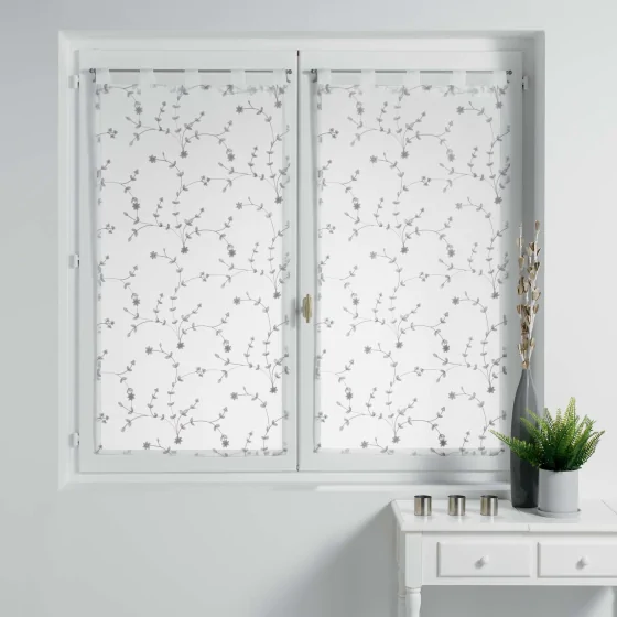 Paire droite passants 2 x 60 x 120 cm voile sable brode petite fleur Blanc/Gris
