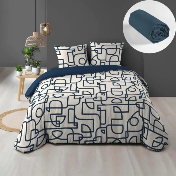 Pack parure de couette 220 x 240 cm Labyrinthe + drap housse (140) Bleu