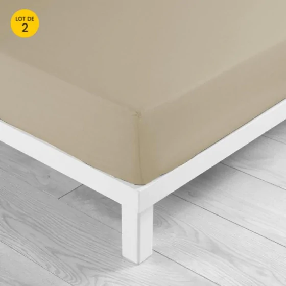 Lot de 2 draps Housse Queen size 160 x 200 x 30 cm Coton 57 fils Beige