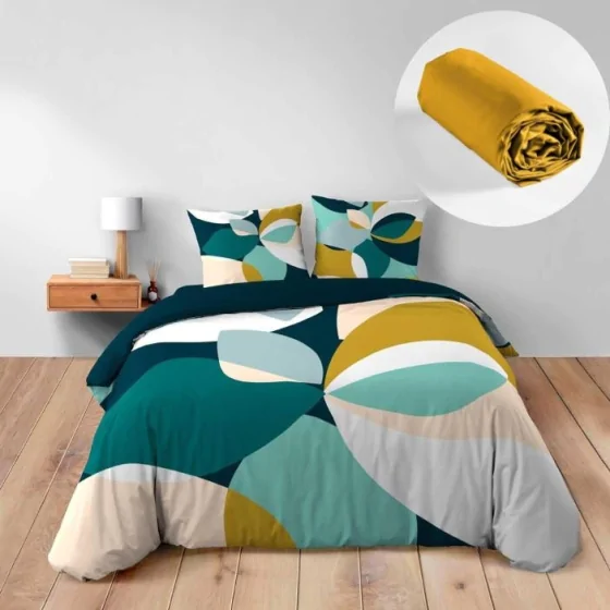 Pack Housse de Couette 240 x 220 cm en Coton + 2 Taies et Drap Housse Curry 140x190 cm