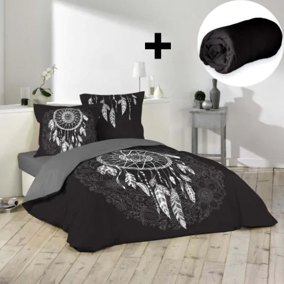 Pack parure de couette 260x240 cm Ista + drap housse 160x200 Noir