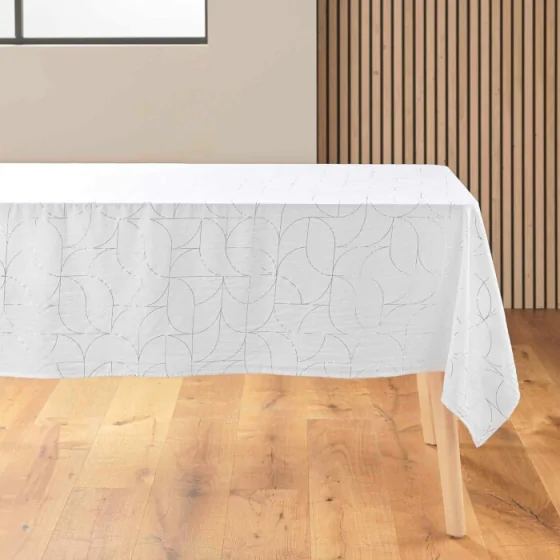 Nappe rectangle 140 x 240 cm microfibre imprimee metallisee louxor Blanc/argent