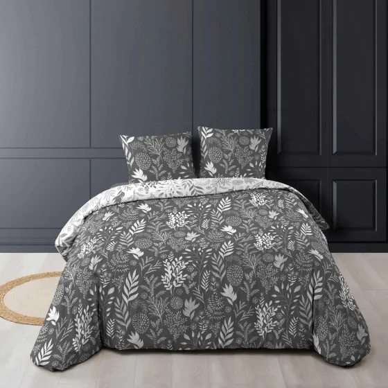 Housse de couette réversible 260 x 240 cm 100% coton + 2 taies Suzanne Anthracite